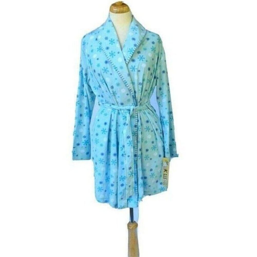 Mukluks Womens Short Robe Plush Fleece L/S Blue Snow Flake Print Size Large New